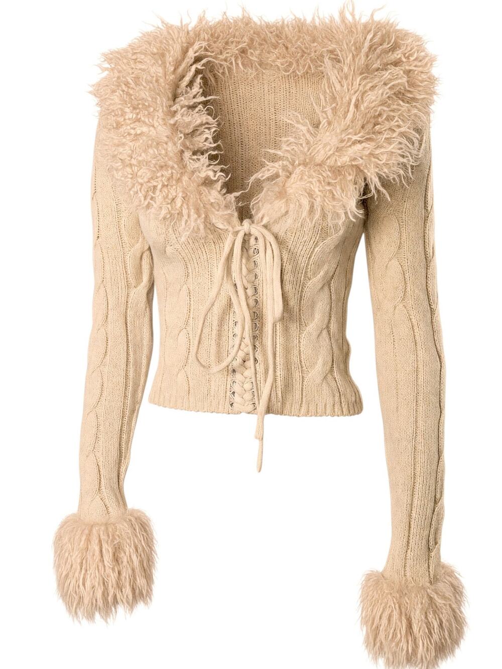Dolls Kill Generation Kiss Covet Cable Knit Faux Fur Cardigan Tan S Lace Up